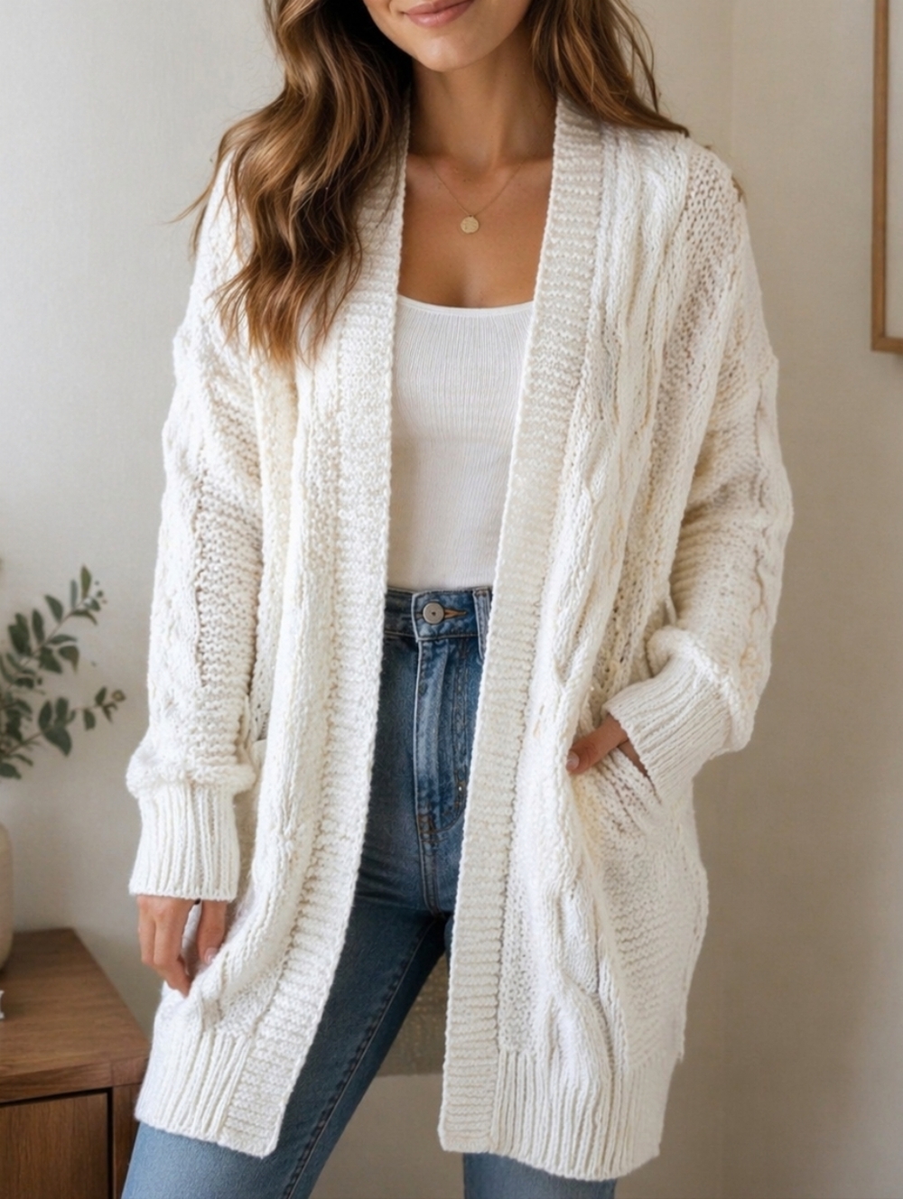 NWOT Kuwalla Oversized White Knit Cardigan 100% Cotton Open Front Long Cable